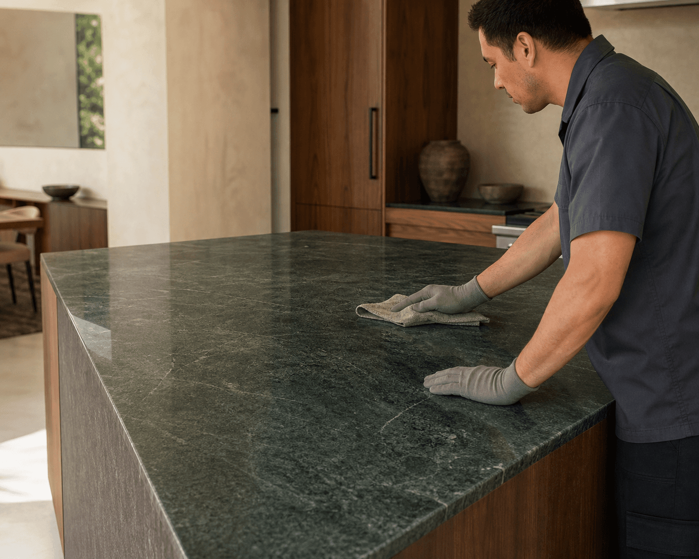 Care professional working on a natural stone surface